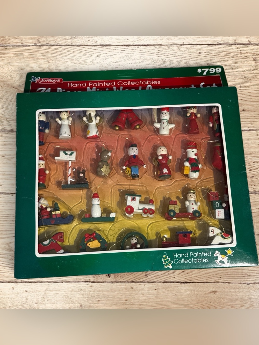 Vintage JoyBrite 24 Mini Wood Christmas Ornaments Hand Painted Complete Set